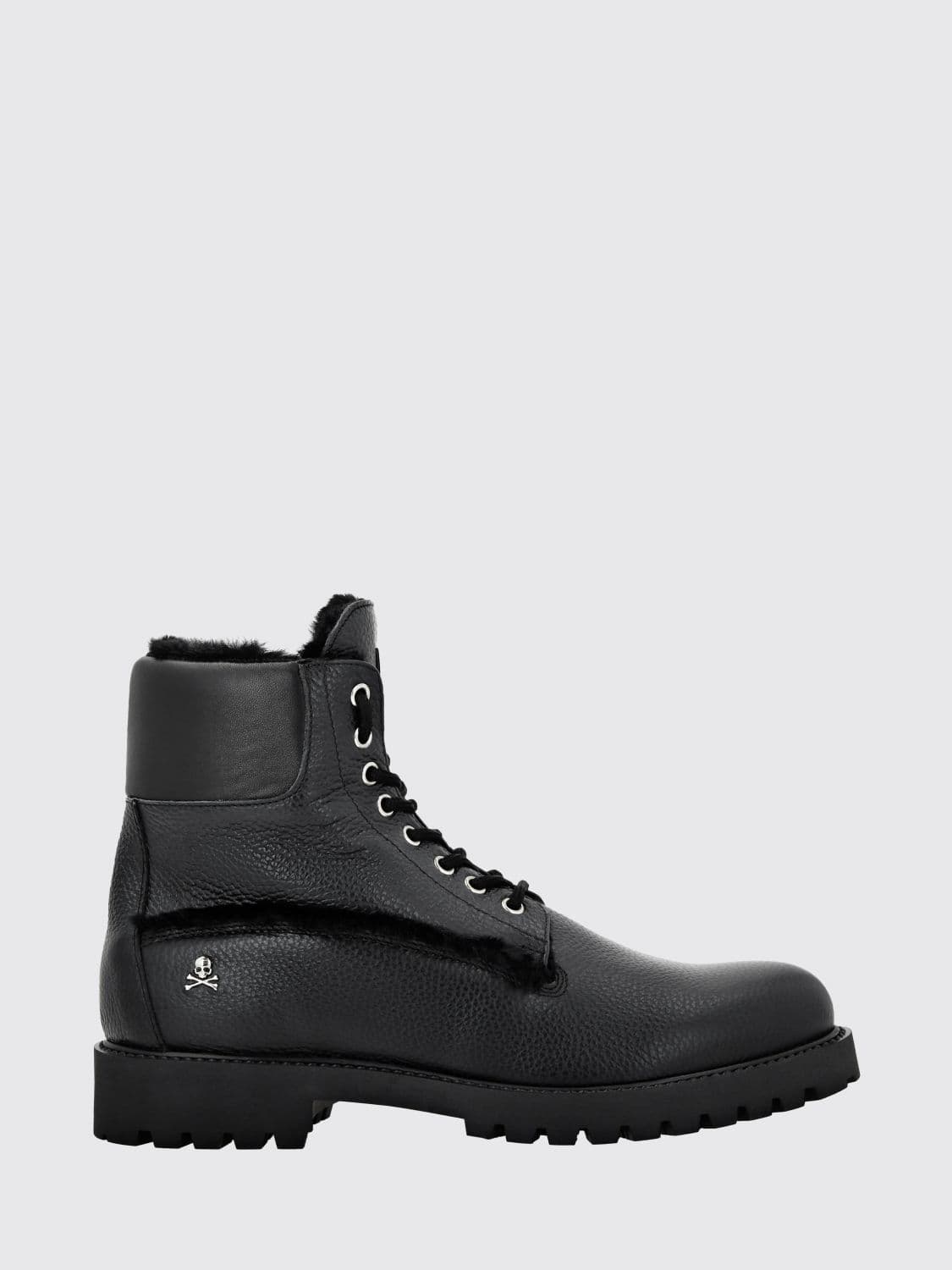 Philipp Plein Tumbled Leather Combat Boots with Pony Hair Inserts and a Skull Application