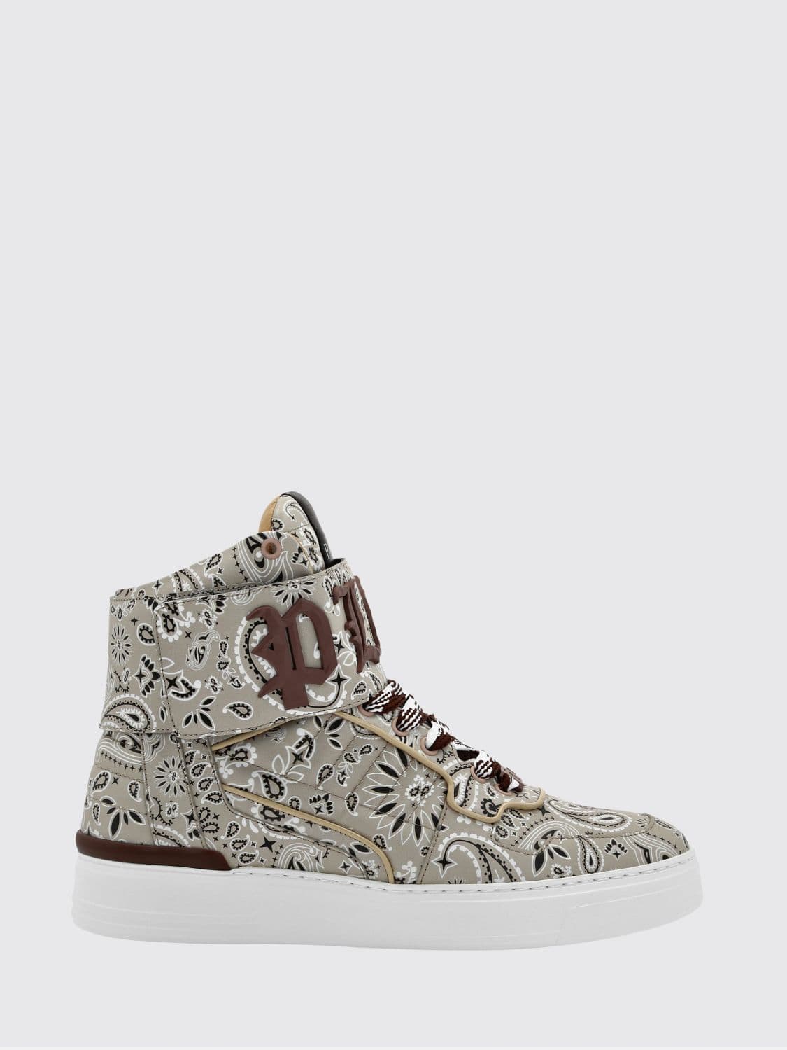 Philipp Plein High-Top Leather Sneakers with Paisley Print and Padded Ankle