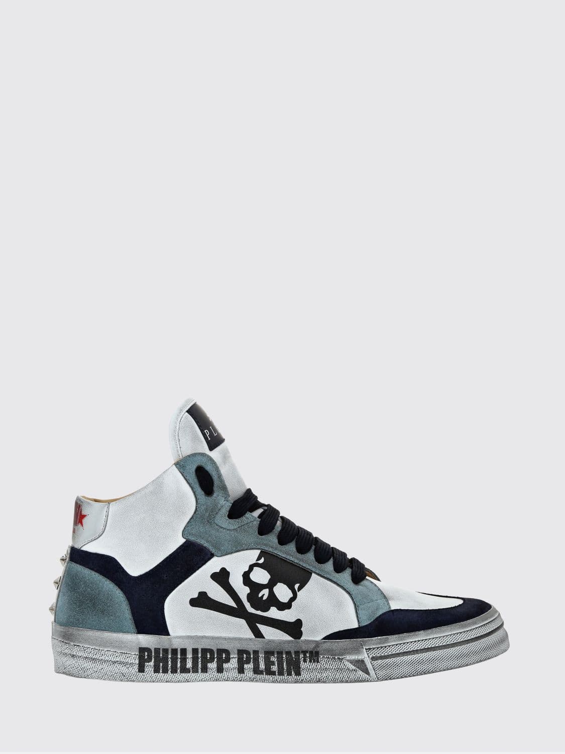 Philipp Plein High-Top Skull Sneakers in Leather and Suede with a Worn Effect