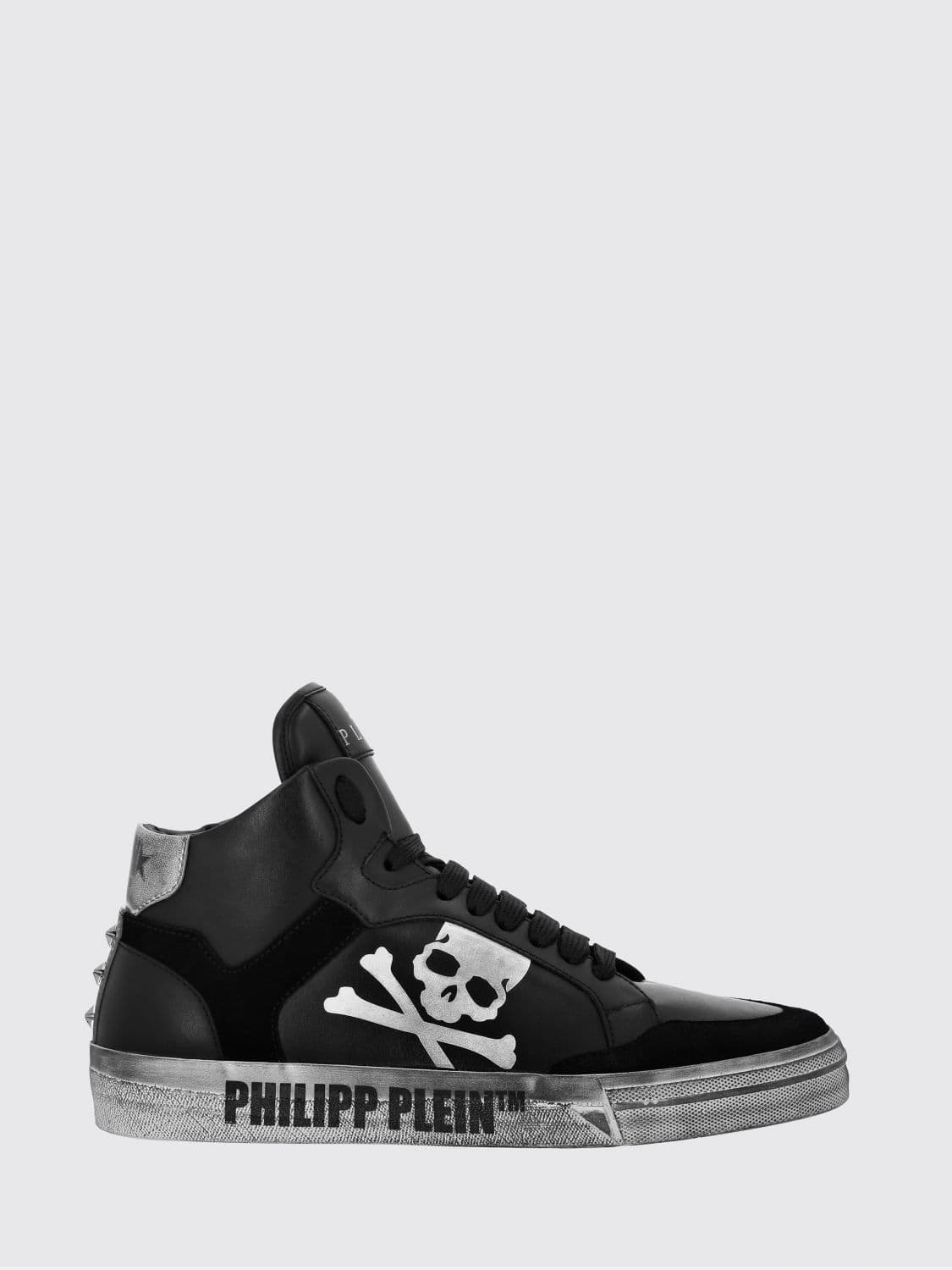 Philipp Plein High-Top Skull Sneakers in Leather and Suede with a Worn Effect