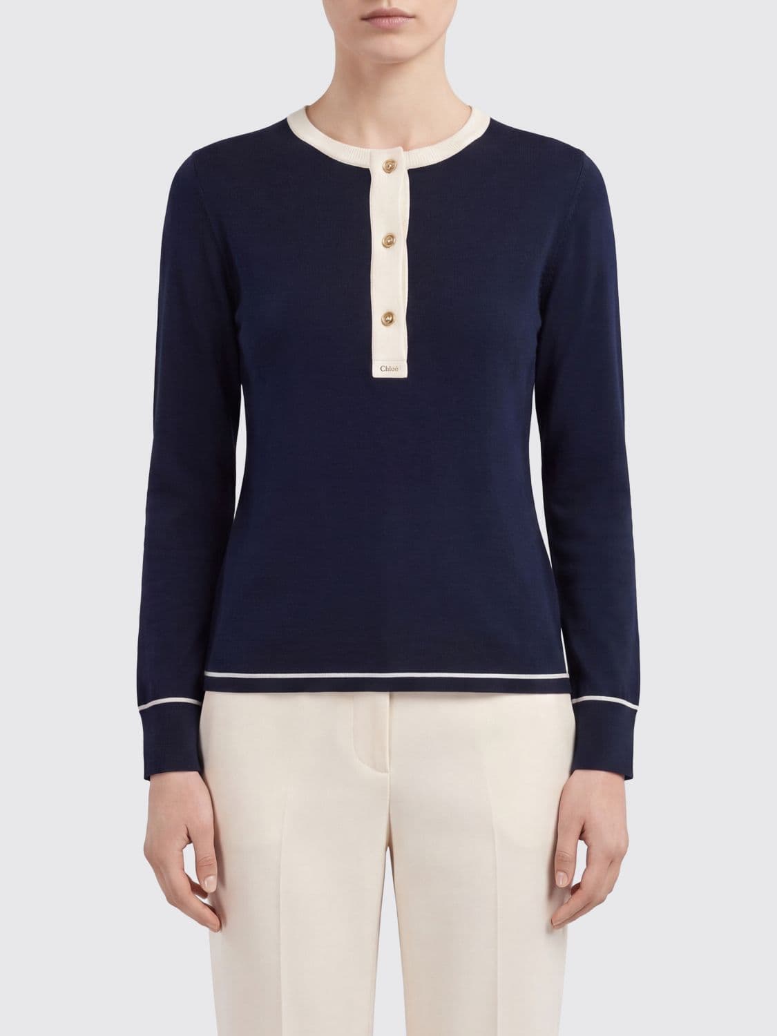Chloé Slim Fit Cotton Crewneck Jumper with Contrast Trims and Buttons
