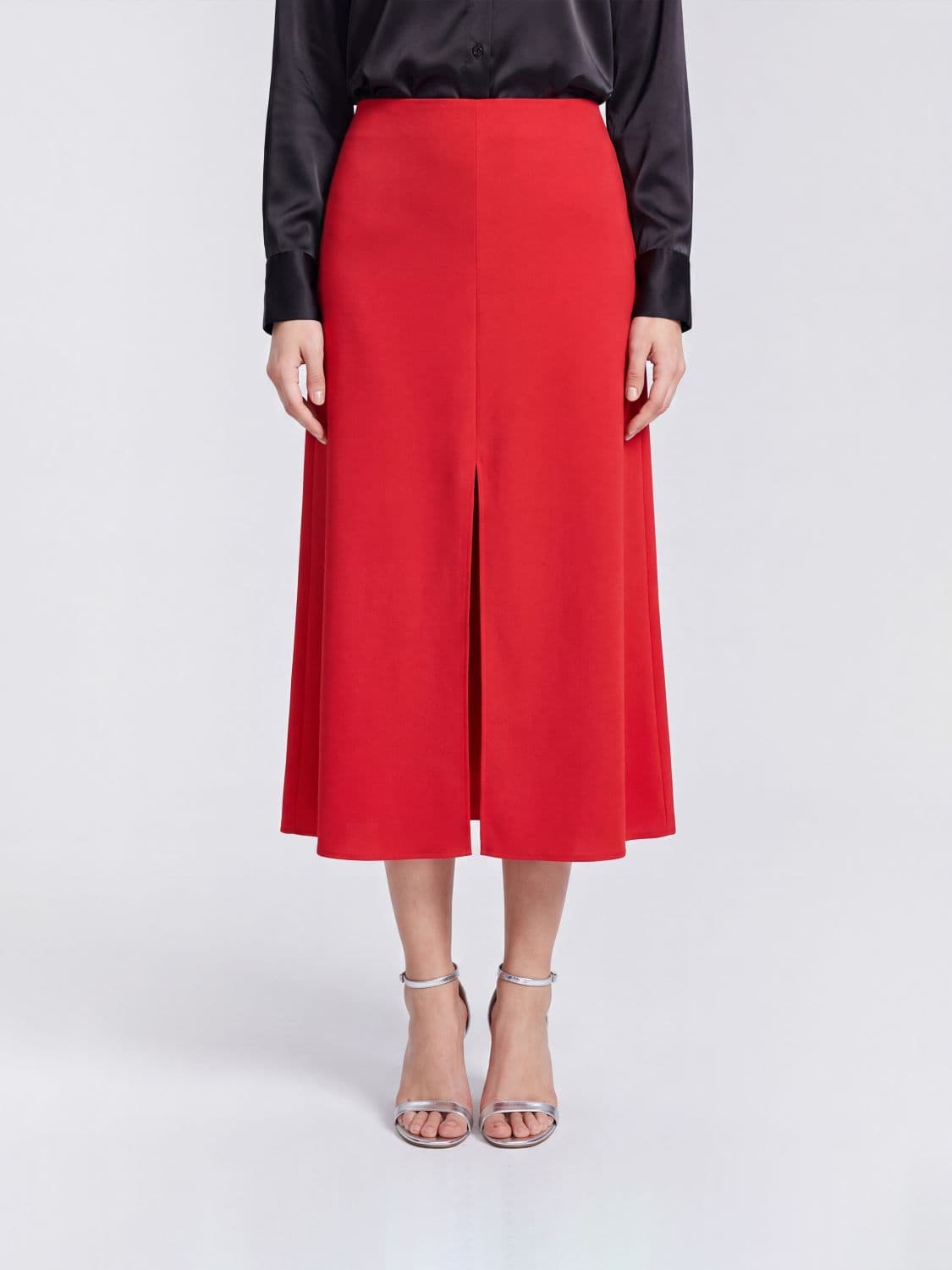 Valentino Garavani High-Waisted A-Line Midi Skirt in Pure Red Silk