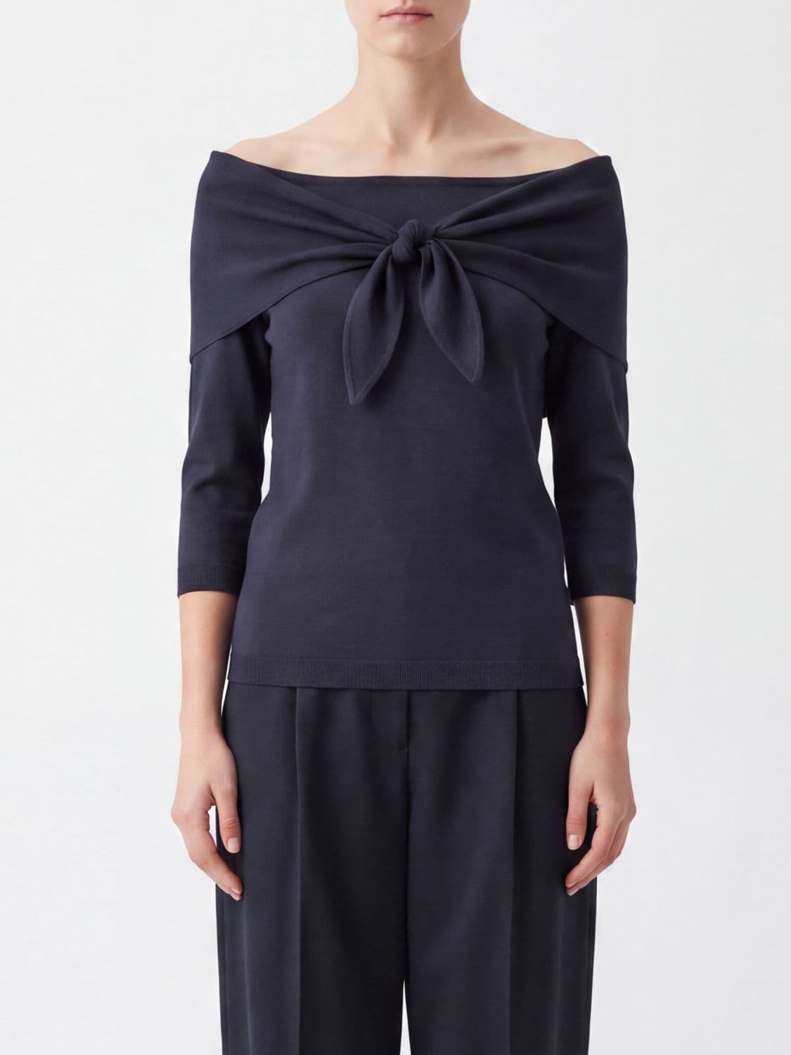 Max Mara Slim Fit Striped Wool Crewneck Jumper with Pussy-Bow Neck
