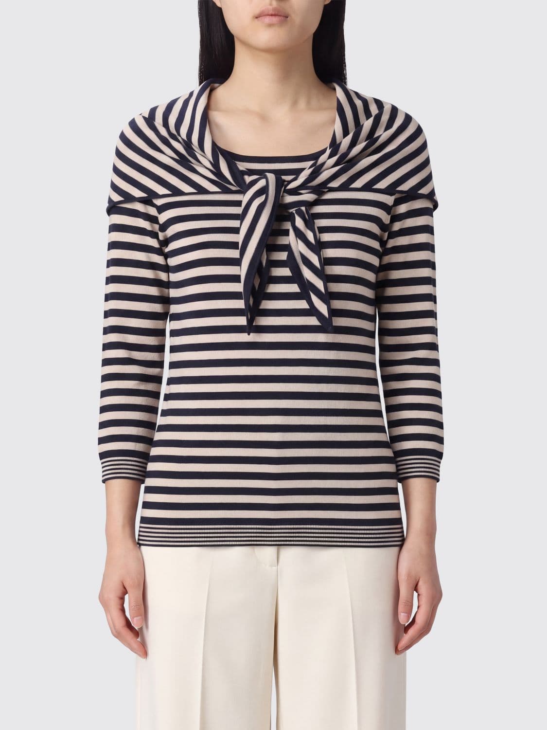 Max Mara Slim Fit Striped Wool Crewneck Jumper with Pussy-Bow Neck