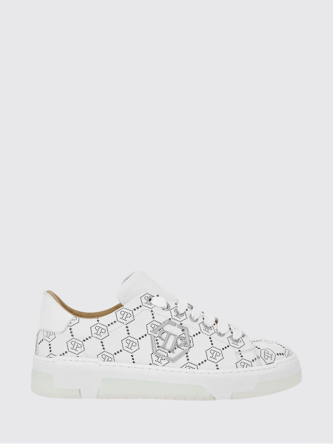 Philipp Plein Low-Top Leather Sneakers with Rhinestone Hexagon Logo
