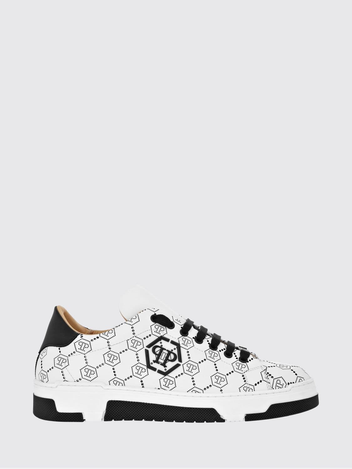 Philipp Plein Low-Top Leather Sneakers with Rhinestone Hexagon Logo