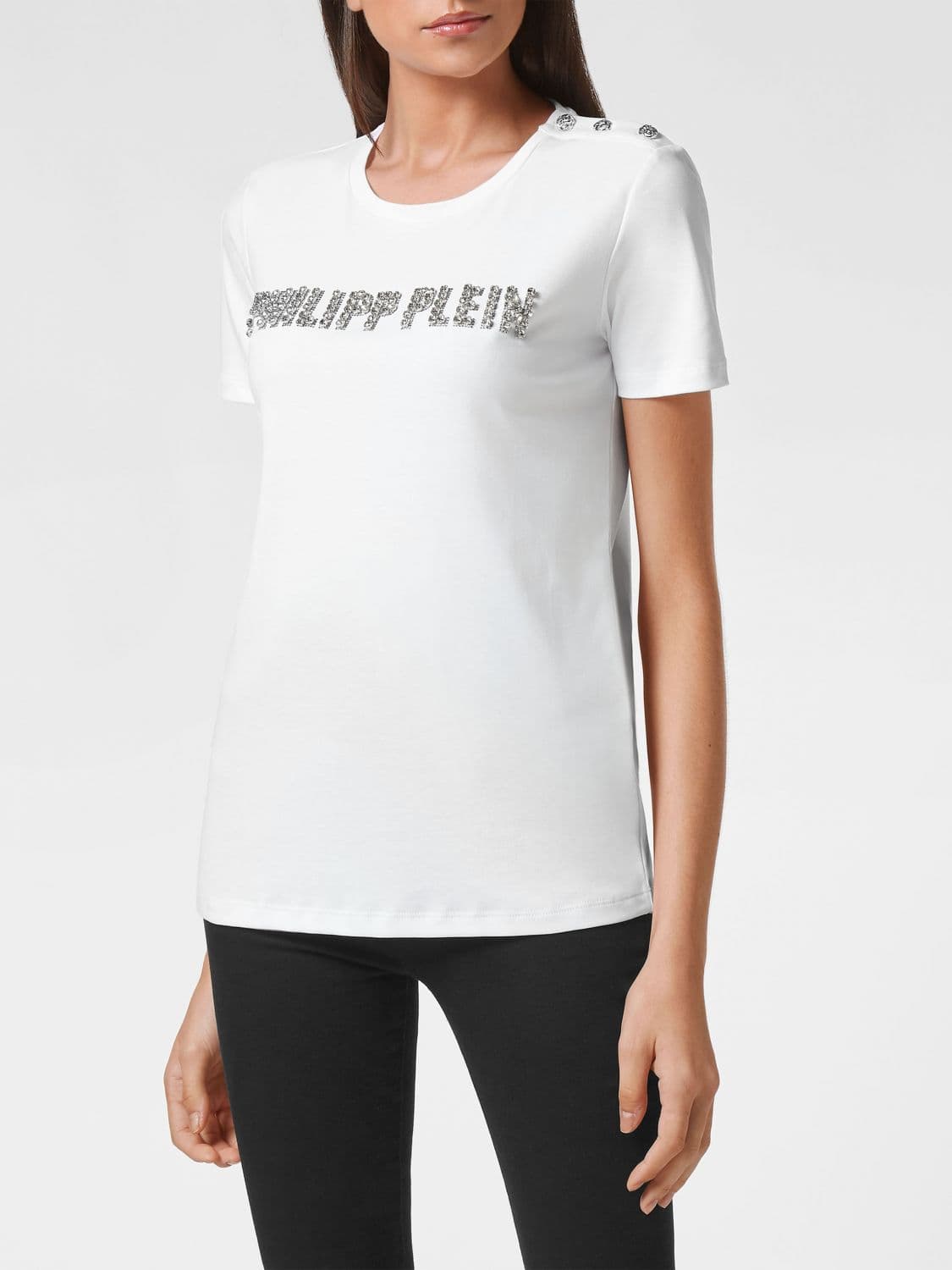 Philipp Plein Slim Fit Cotton T-shirt with Rhinestone Logo and Buttons