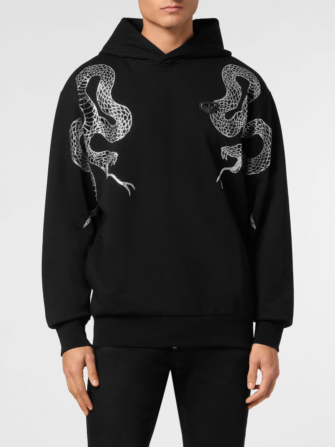 Philipp Plein Cotton Hoodie with Snake Embroidery and Rhinestones