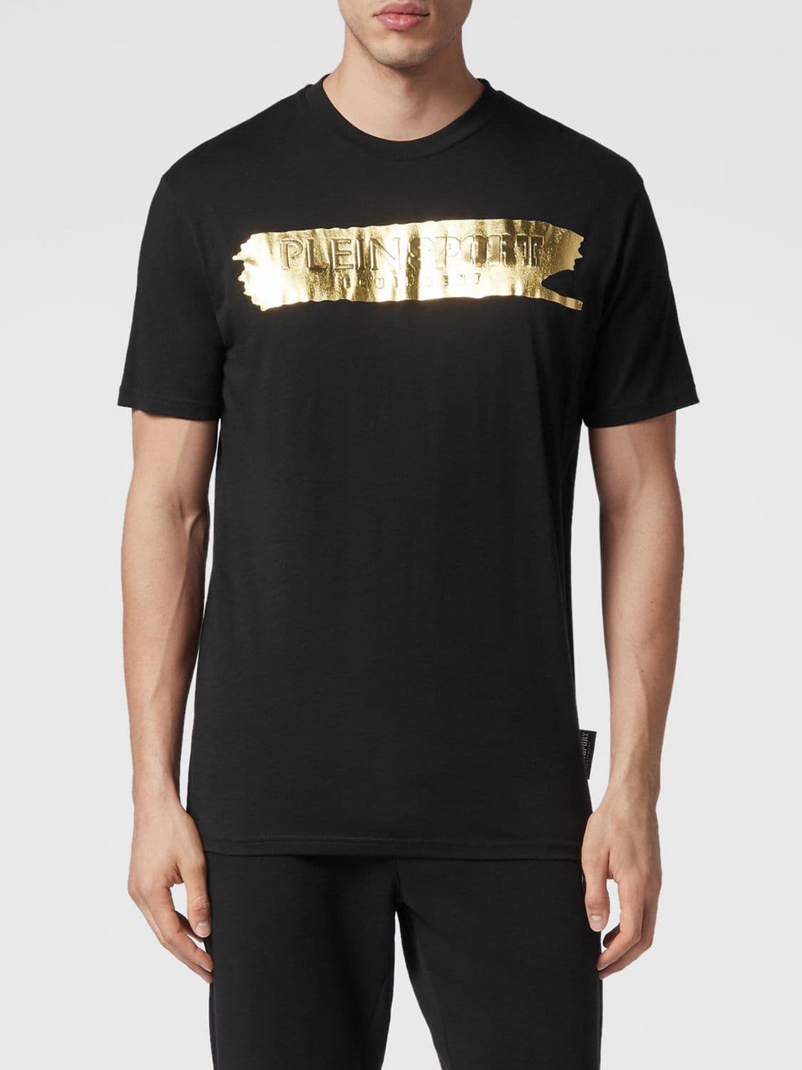 Plein Sport Cotton Crew Neck T-Shirt with Contrast Laminated Logo