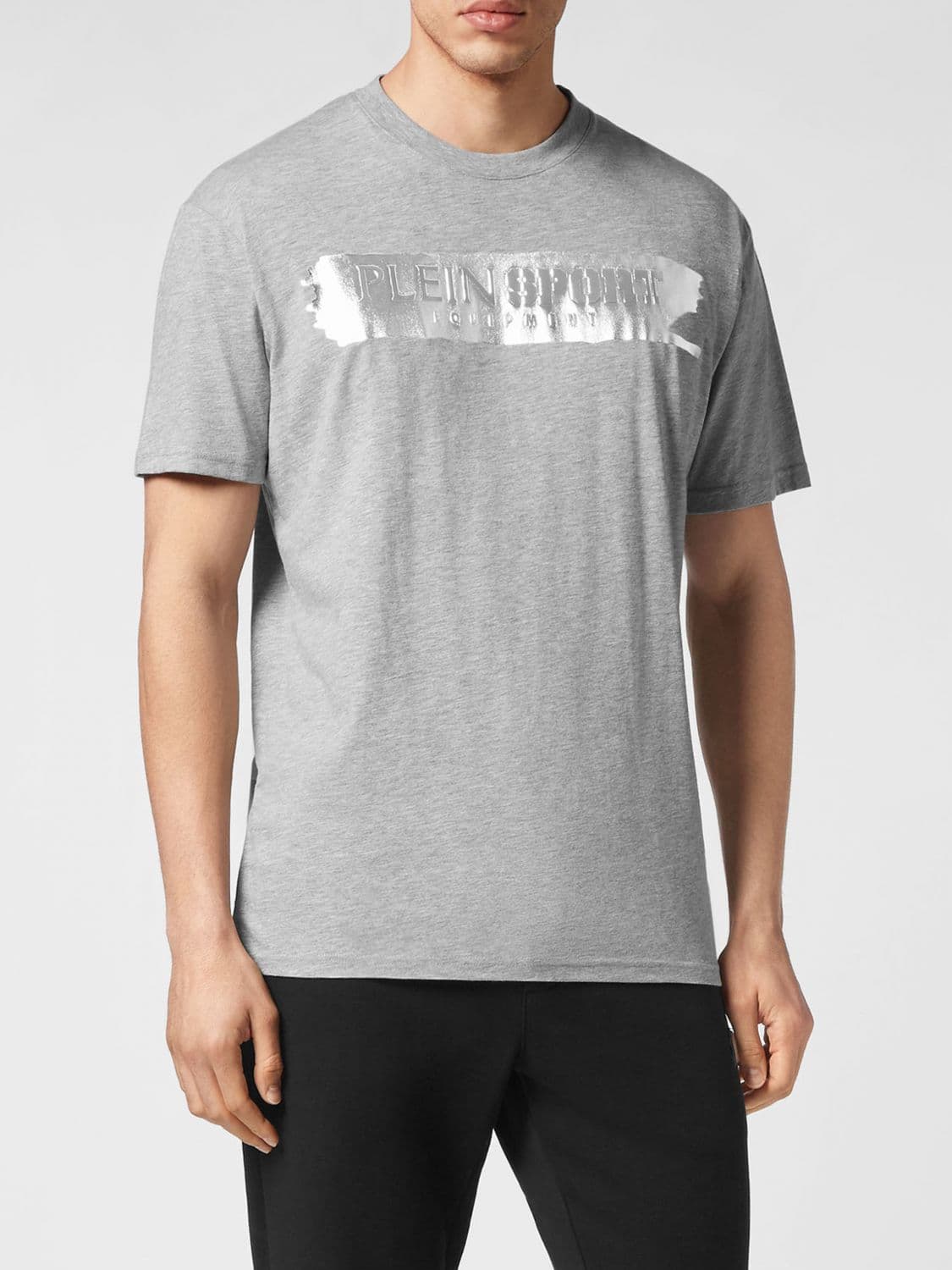 Plein Sport Cotton Crew Neck T-Shirt with Contrast Laminated Logo