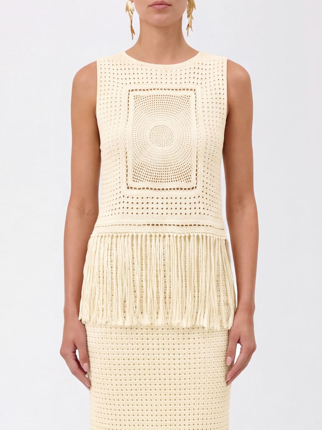 Zimmermann Slim Fit Off-the-Shoulder Crochet Cotton Top with Fringes