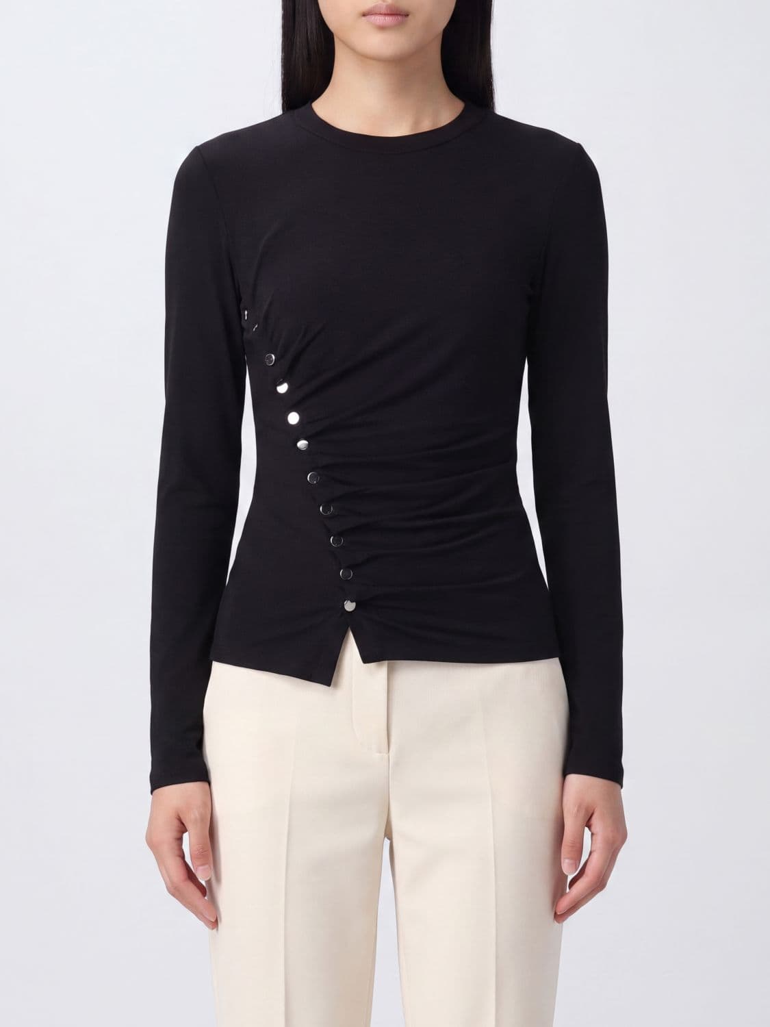 Rabanne Draped Viscose Top with Asymmetrical Hem and Long Sleeves