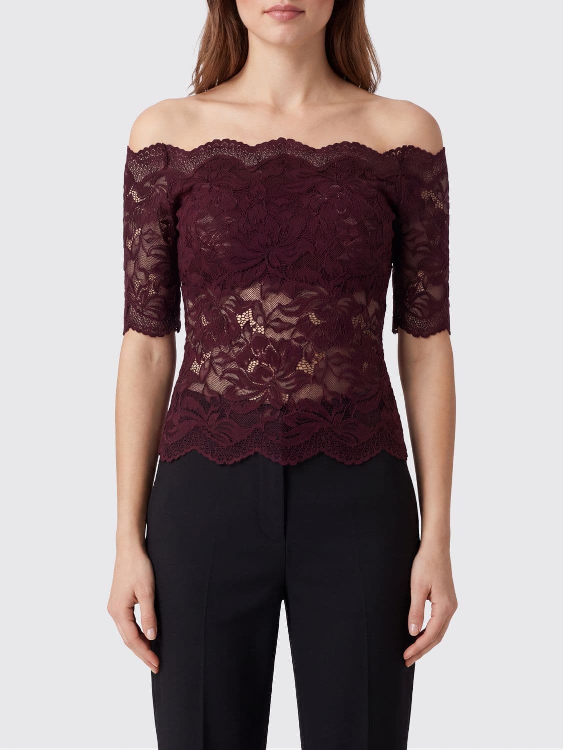 Rabanne Sheer Lace Short-Sleeve Evening Top