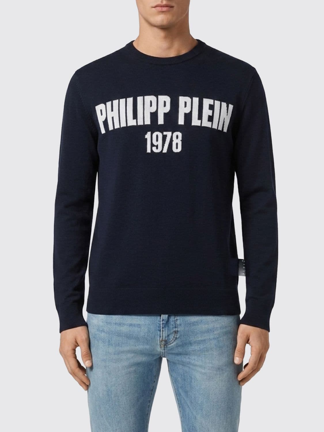 Philipp Plein Wool and Cotton Blend Crewneck Jumper with All-Over Jacquard Logo Pattern