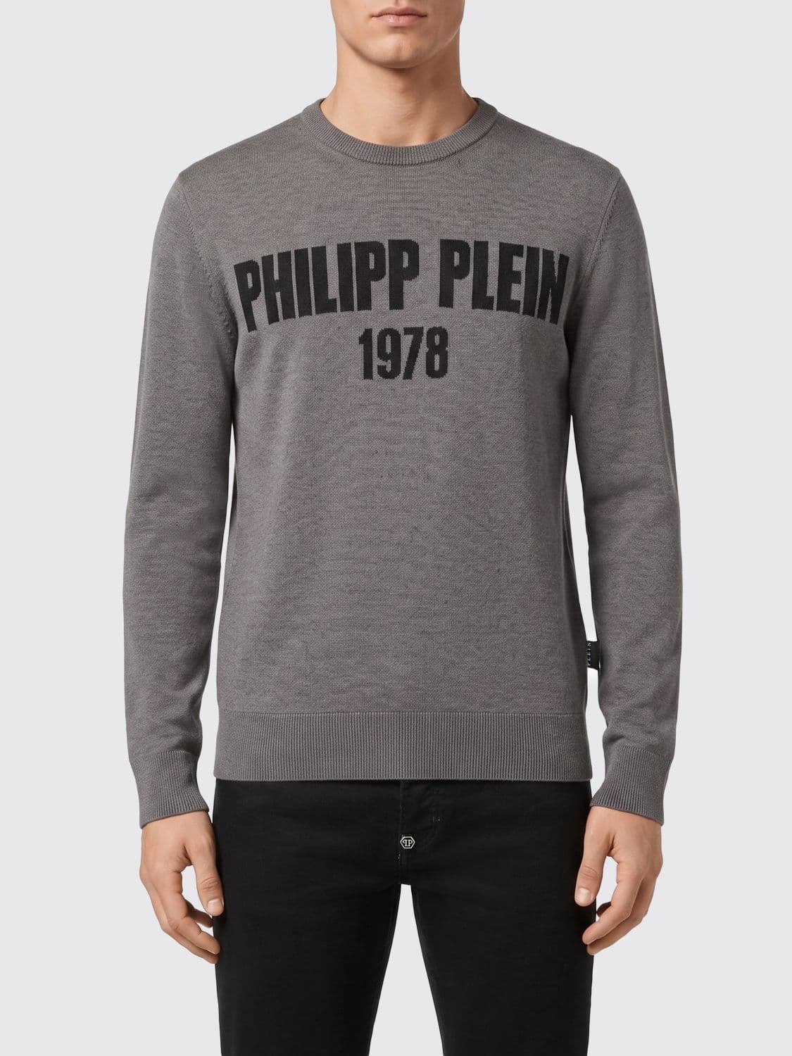 Philipp Plein Wool and Cotton Blend Crewneck Jumper with All-Over Jacquard Logo Pattern