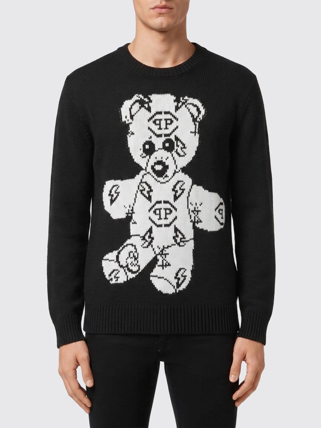 Philipp Plein Wool and Cotton Blend Crewneck Jumper with Teddy Bear Front Print