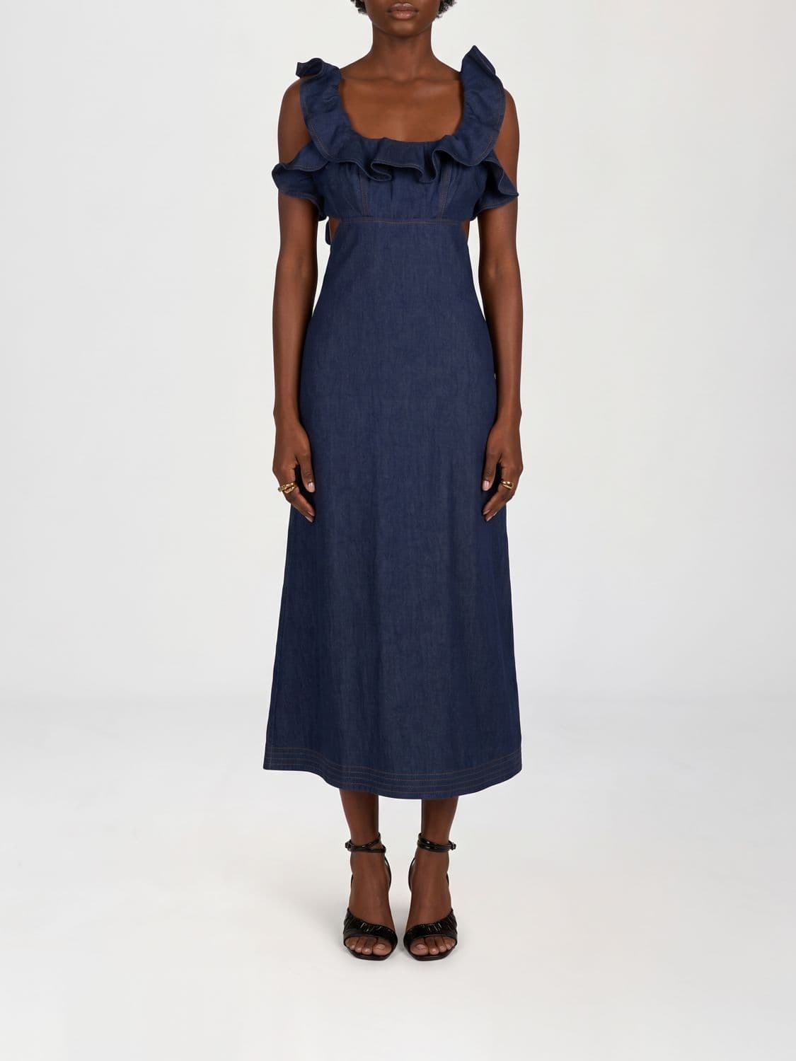 Zimmermann Aster Off-the-Shoulder Cotton Denim Midi Dress with Ruffles
