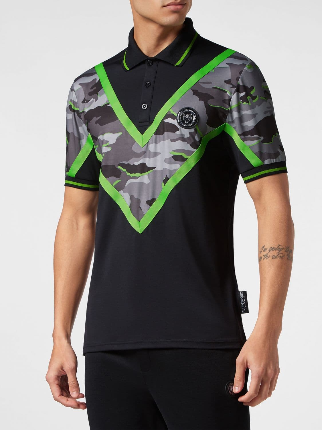 Plein Sport Camouflage and Chevron Print Jersey Polo Shirt
