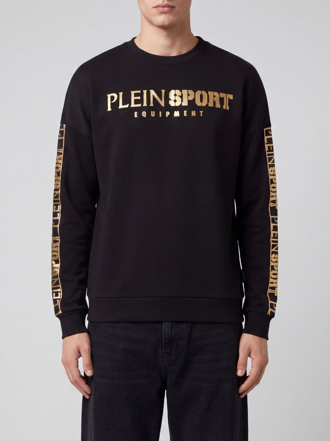 Plein Sport Cotton Jersey Crewneck Sweatshirt with Contrast Laminated Logo