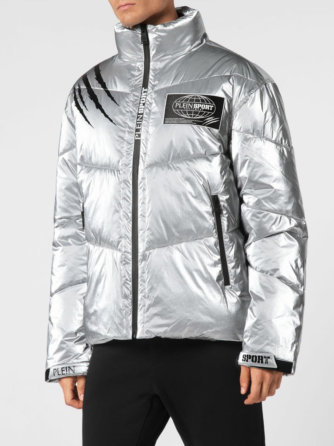 Plein Sport Short Quilted Nylon Puffer Jacket with High Neck and Logo