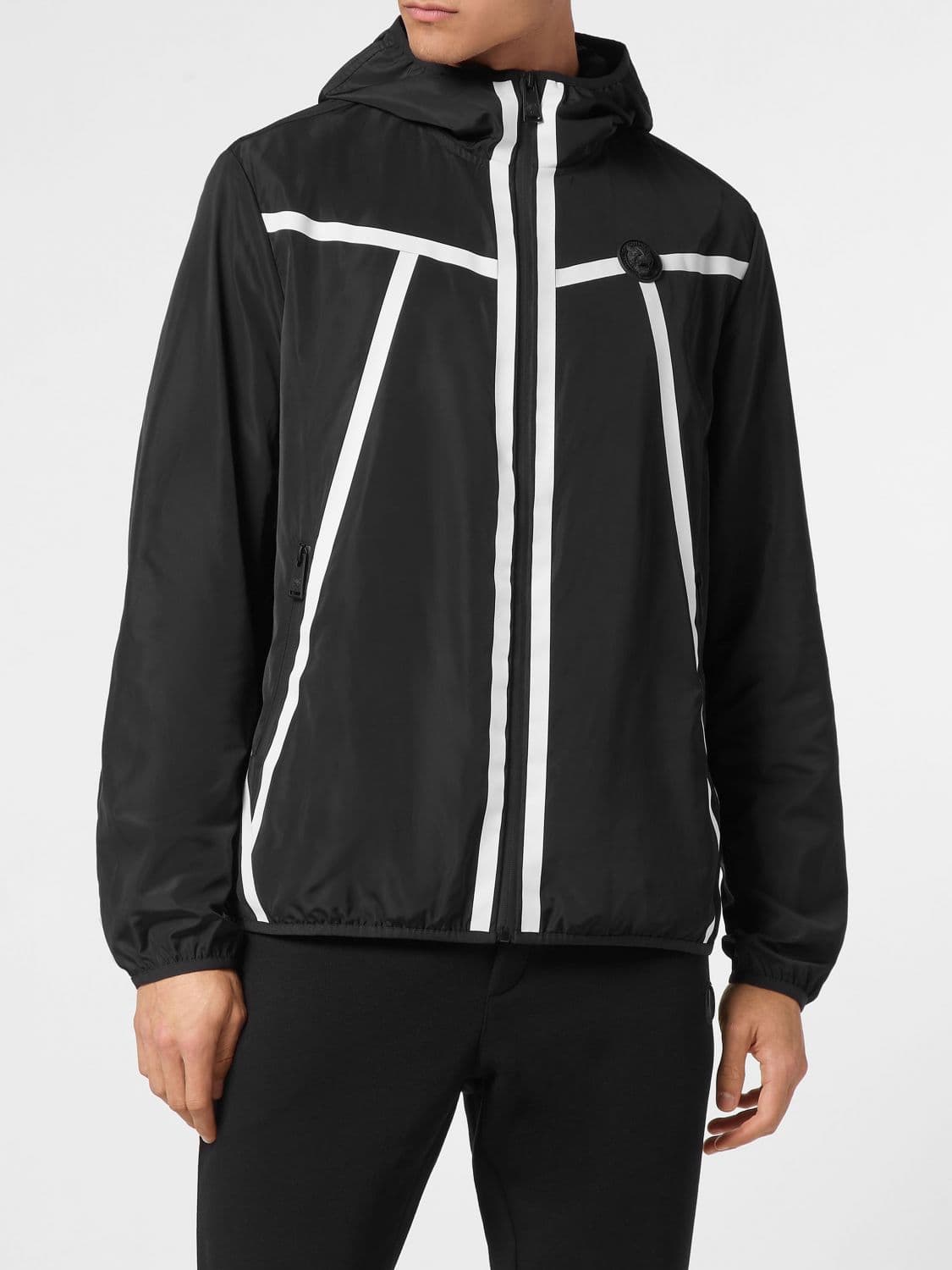 Plein Sport Technical Fabric Windbreaker Jacket with Hood and Stripe Details