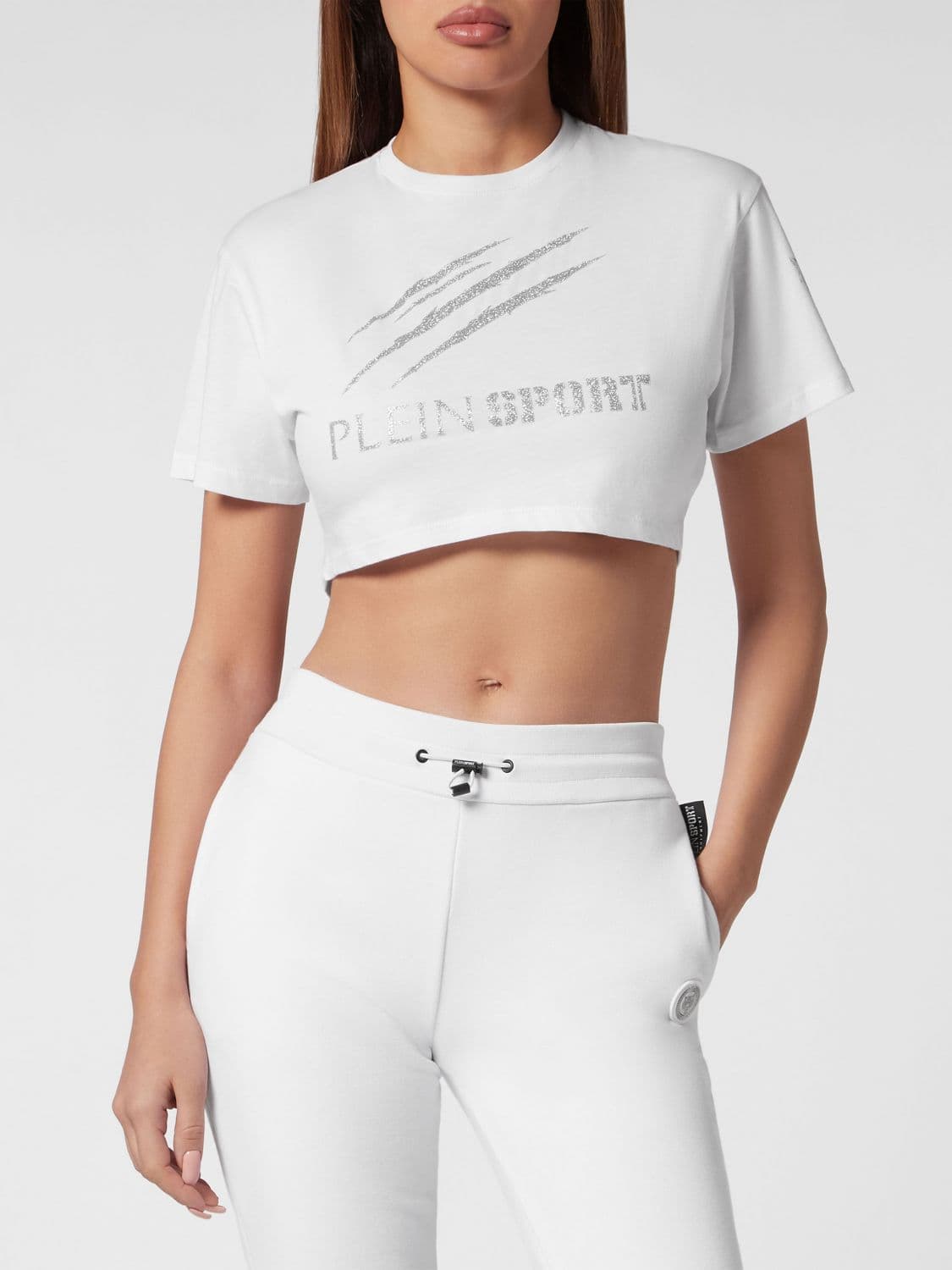 Plein Sport Cropped Cotton T-shirt with Contrast Glitter Logo