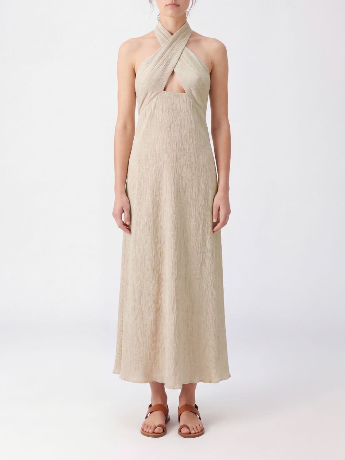 Johanna Ortiz Viscose-Blend Midi Dress with Wrap Neckline and Tie-Up Straps