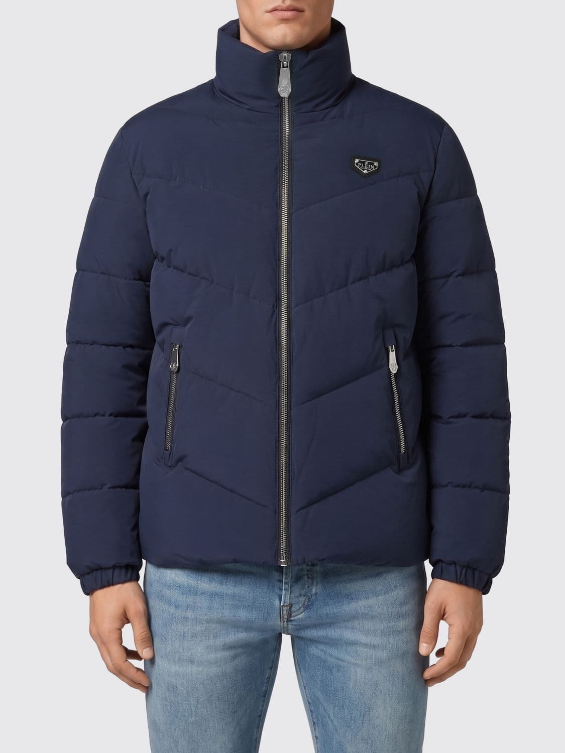 Philipp Plein Short Quilted Nylon Down Jacket with Zip Closure and Applied Logo