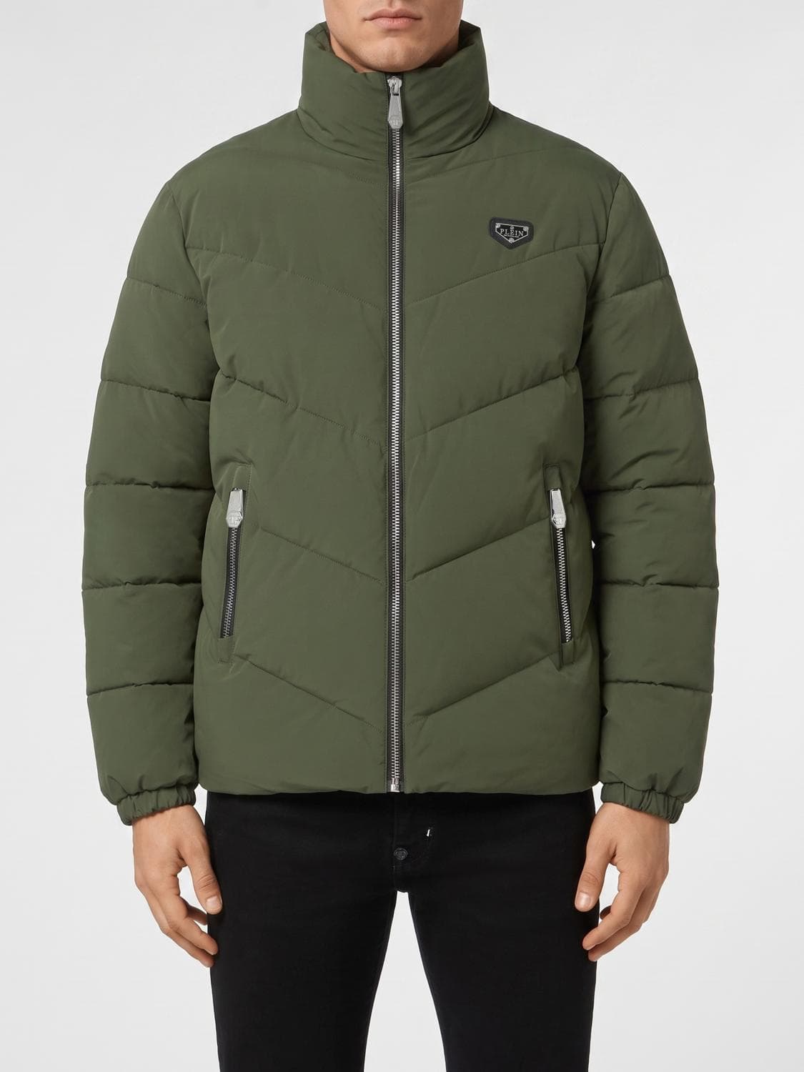 Philipp Plein Short Quilted Nylon Down Jacket with Zip Closure and Applied Logo