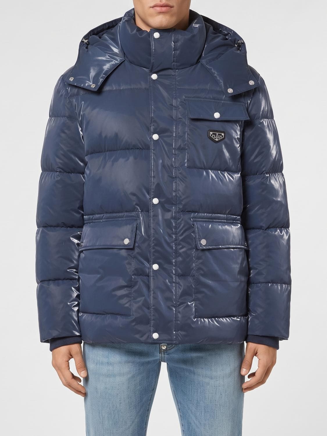 Philipp Plein Hooded Quilted Nylon Down Jacket with Patch Pockets and Logo
