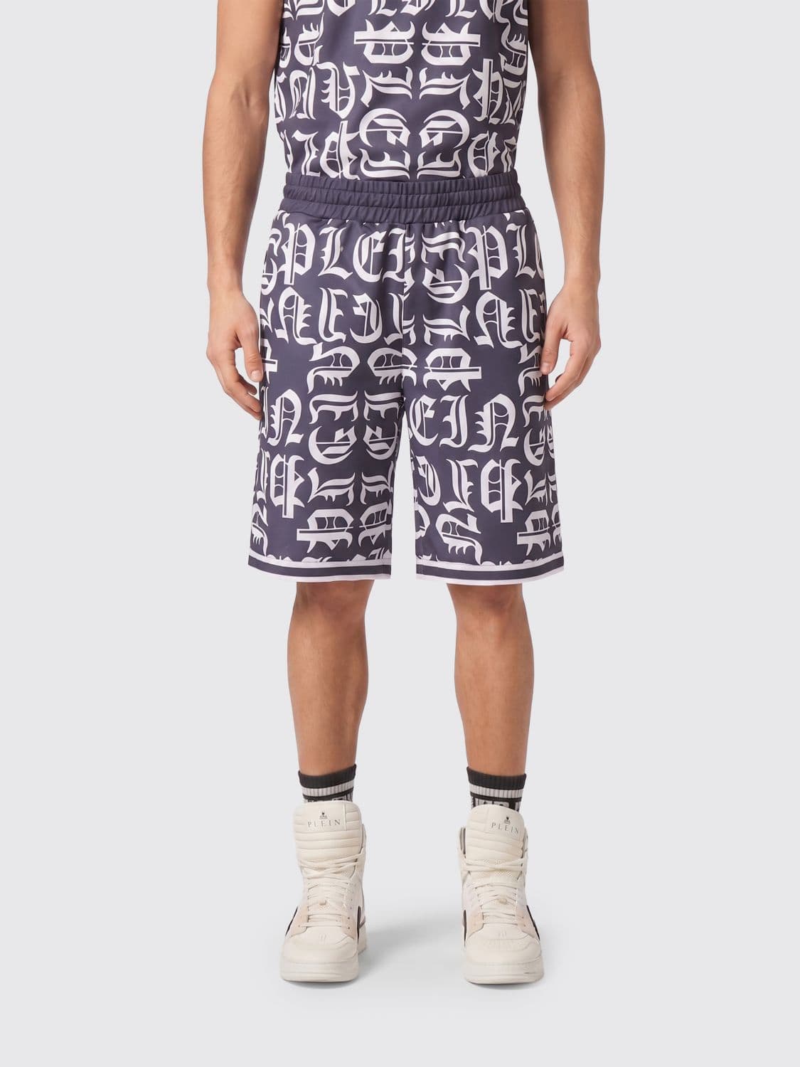 Philipp Plein Gothic Jersey Sport Shorts with Monogram Logo Print