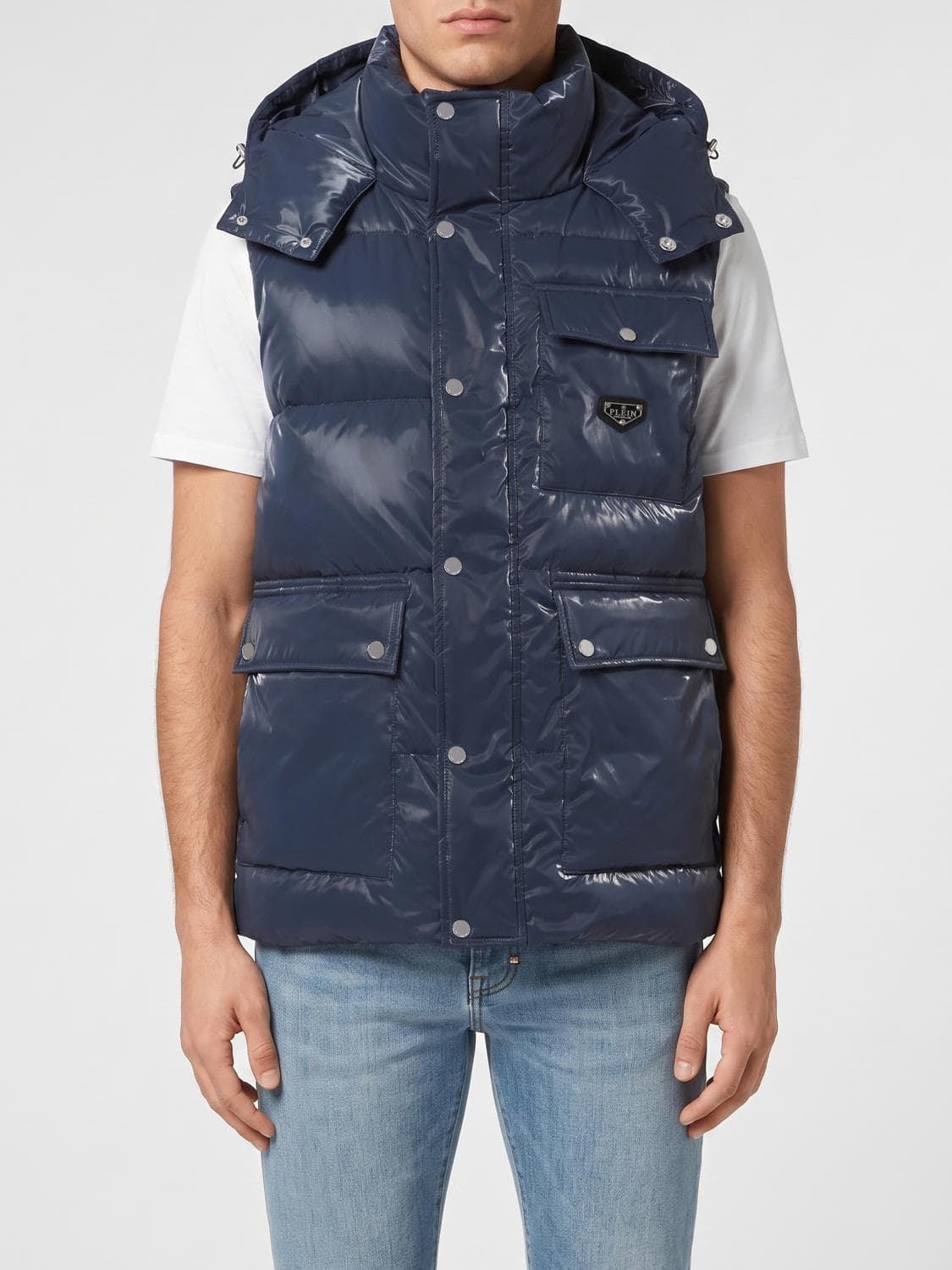 Philipp Plein Padded Gilet in Quilted Technical Fabric with Hood and Pockets