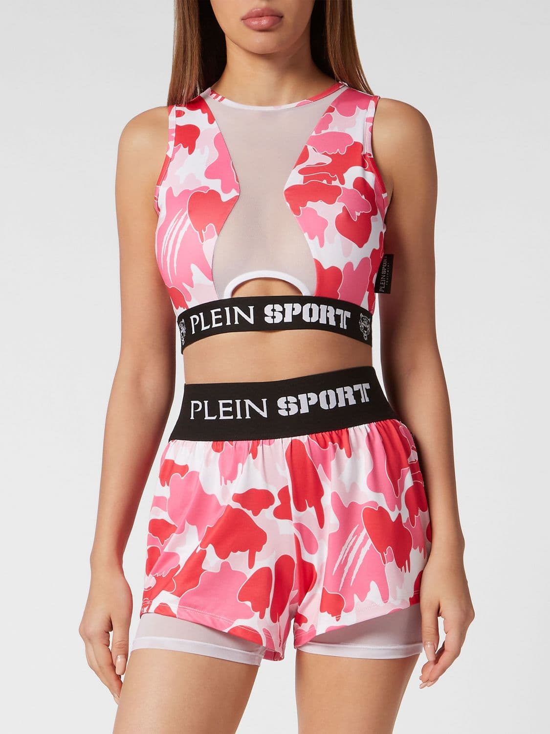 Plein Sport Cropped Jersey Top with Camouflage Print and Logo