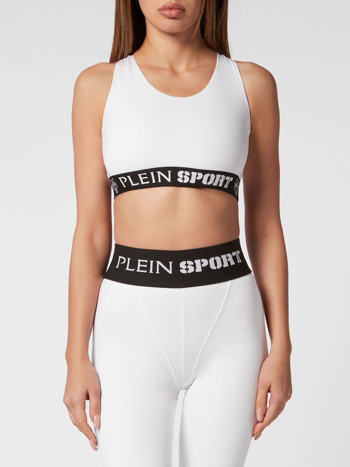 Plein Sport Cropped Sports Top in Technical Fabric with Criss-Cross Straps