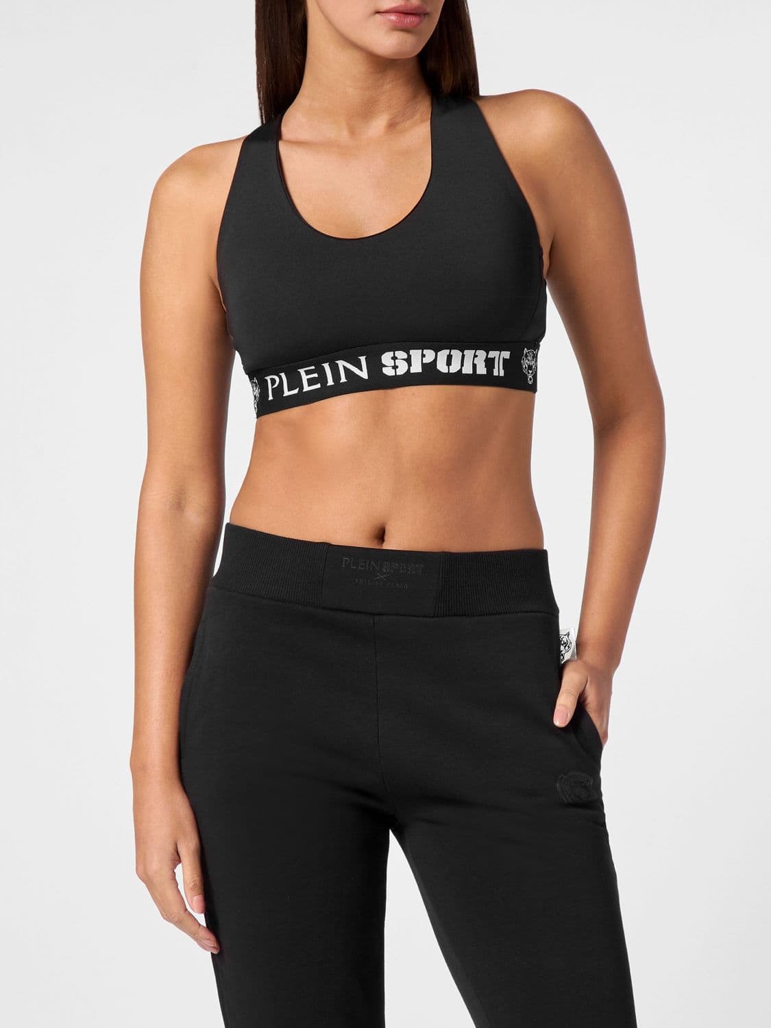 Plein Sport Cropped Sports Top in Technical Fabric with Criss-Cross Straps