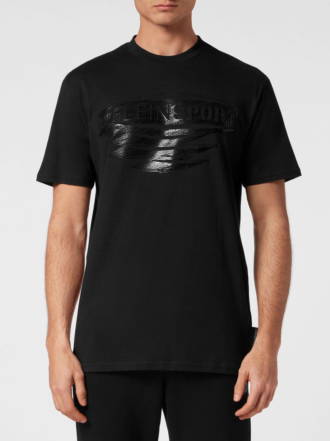 Plein Sport Cotton Crew Neck T-Shirt with Tone-on-Tone Logo Print