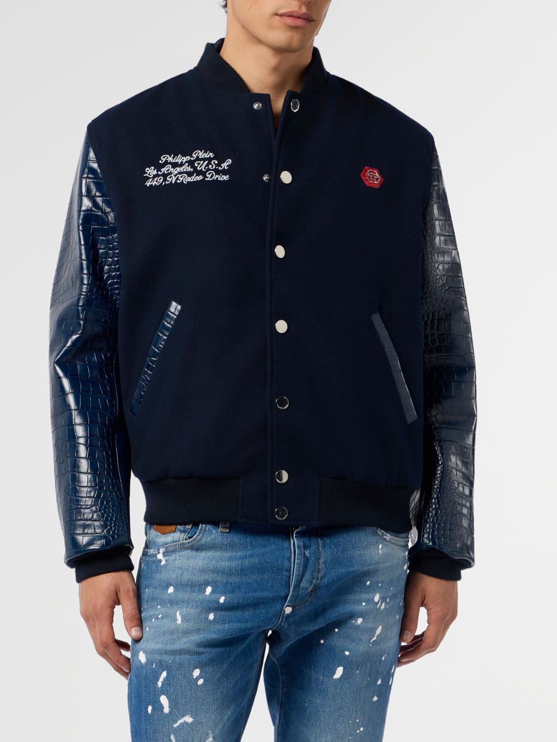 Philipp Plein Wool Cloth Varsity Bomber Jacket with Calfskin Leather Sleeves