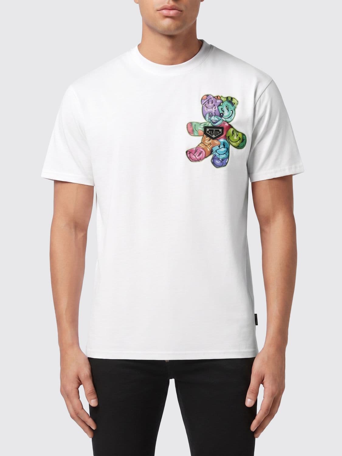 Philipp Plein Slim Fit Cotton T-Shirt with Teddy Bear and Monogram Print
