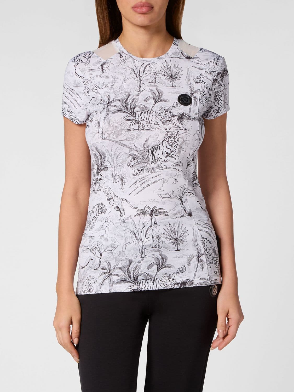 Plein Sport Sheer Jersey T-shirt with Floral and Tropical Print