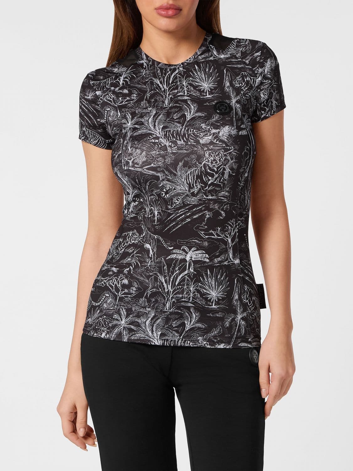 Plein Sport Sheer Jersey T-shirt with Floral and Tropical Print