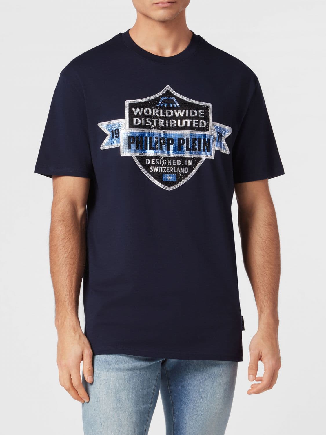 Philipp Plein Embroidered Rhinestone Logo Cotton T-Shirt