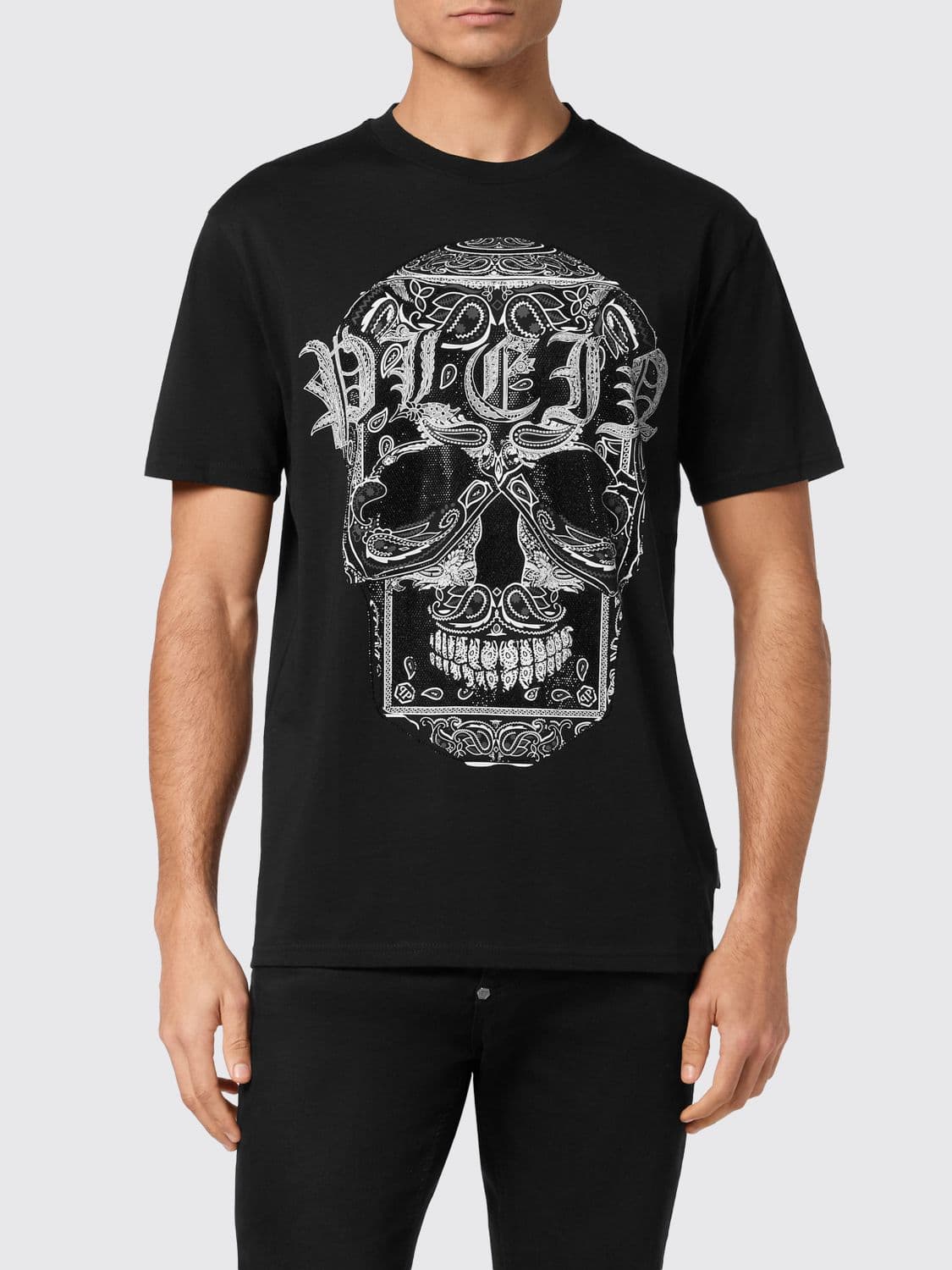 Philipp Plein Skull Print Cotton T-Shirt with Rhinestones