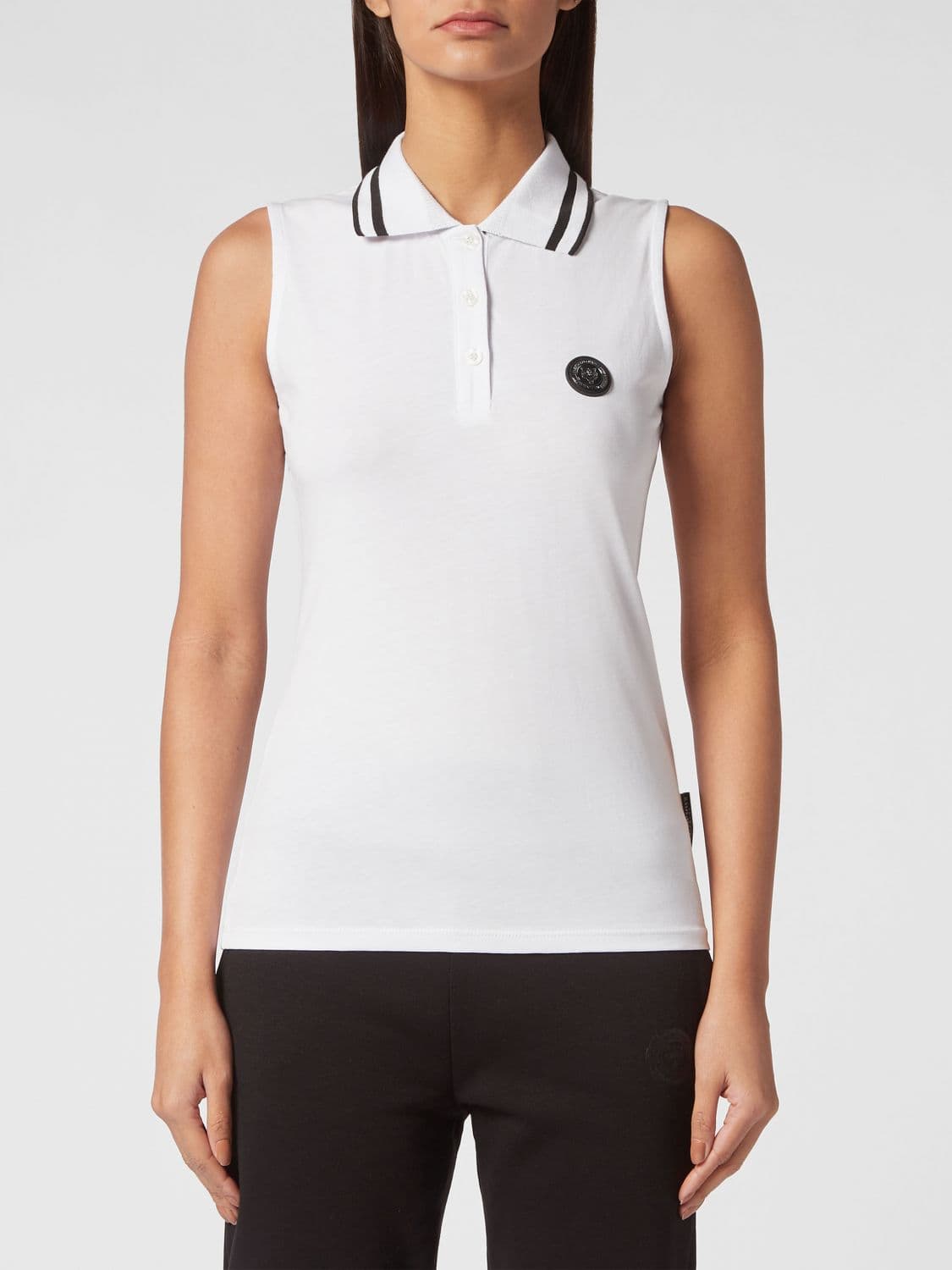 Plein Sport Sleeveless Cotton Polo Shirt with Striped Collar