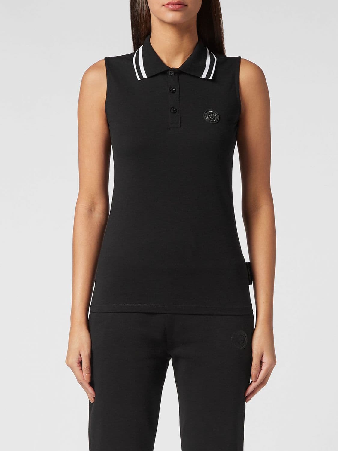 Plein Sport Sleeveless Cotton Polo Shirt with Striped Collar