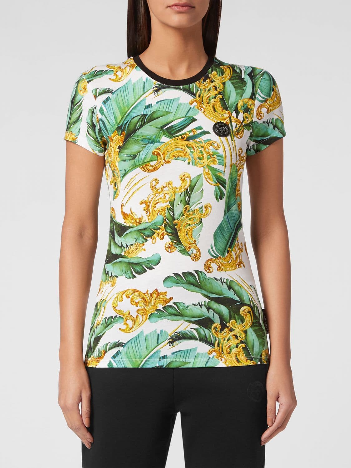 Plein Sport Slim Fit Jersey T-shirt with Baroque and Tropical Print