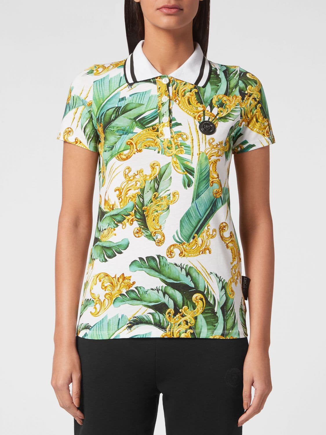 Plein Sport Sleeveless Cotton Polo Shirt with Tropical Print and Striped Collar