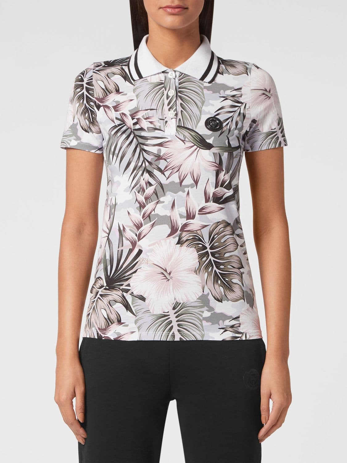 Plein Sport Tropical Print Cotton Polo Shirt with Short Sleeves