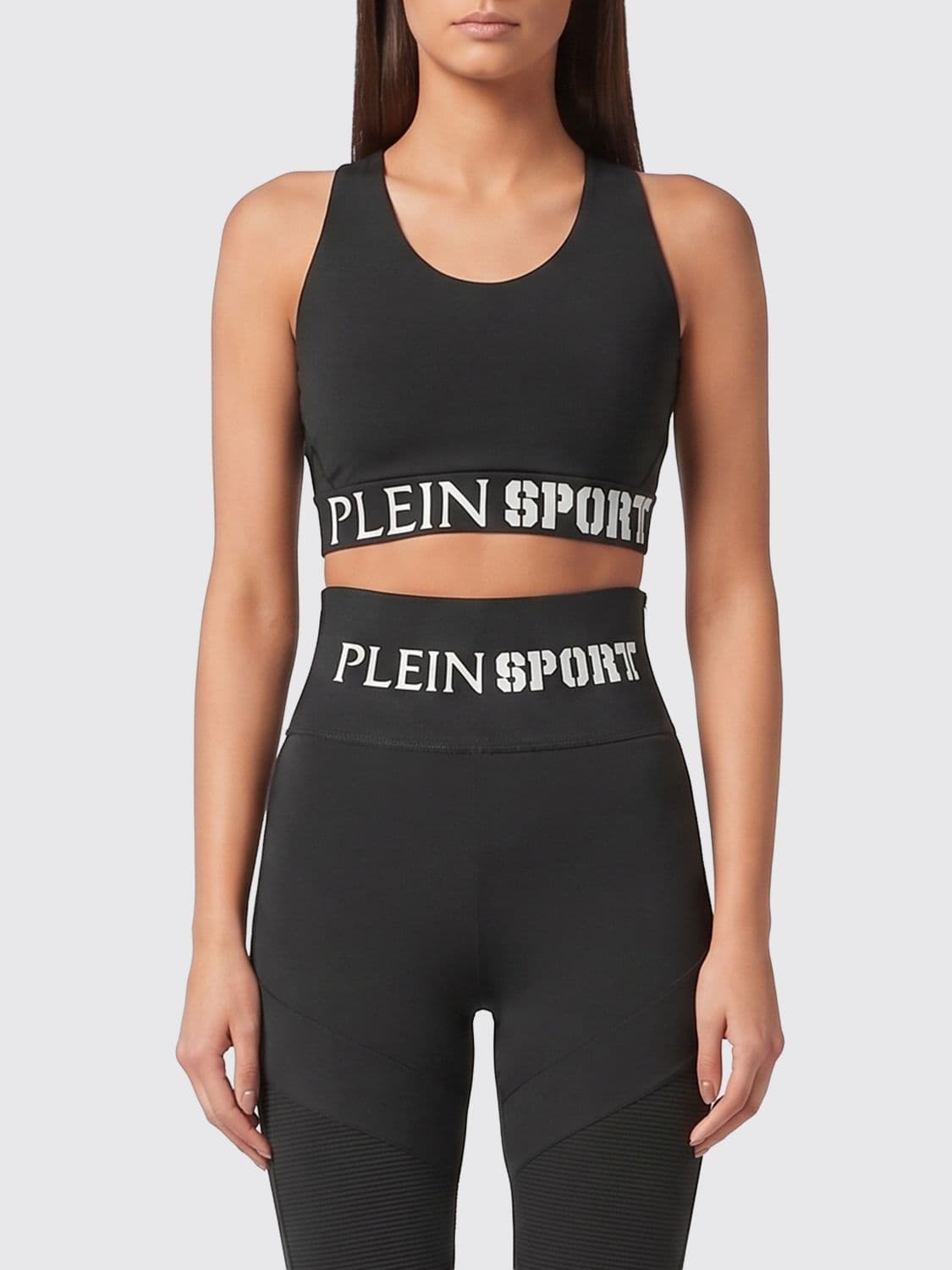 Plein Sport Cropped Jersey Sports Top with Square Neckline and Jacquard Logo