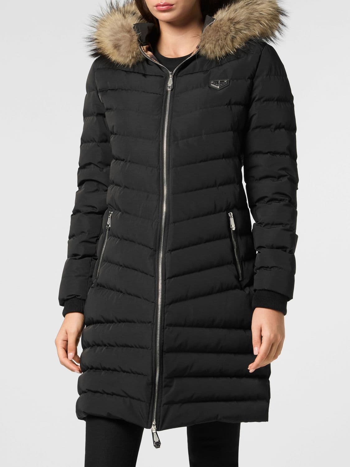 Philipp Plein Slim Fit Quilted Nylon Puffer Jacket with Hood and Fur Collar