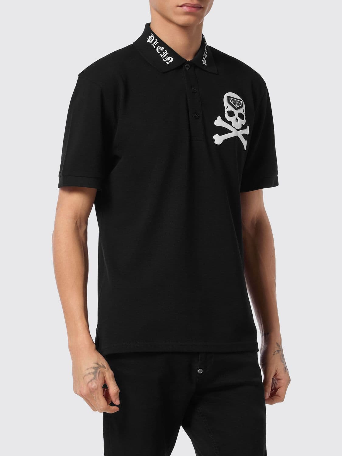 Philipp Plein Cotton Polo Shirt with Skull Print and Hexagon Logo